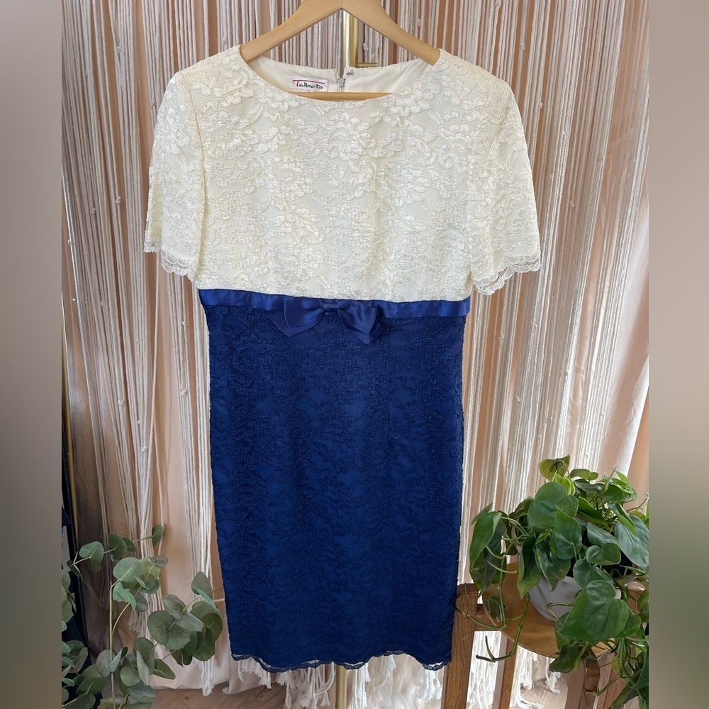 Vintage Talbots Colorblock Lace Sheath Dress White blue Bow Sz 6 short sleeve